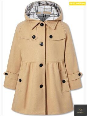Girls Wool Blend Hooded Peacoat Classic Chic Winter Outerwear Dress Coat
